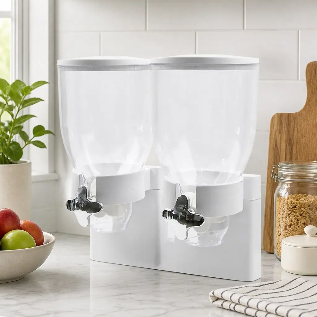 Double Cereal Dispenser Dry Food Storage Portion Control Twist Knob White