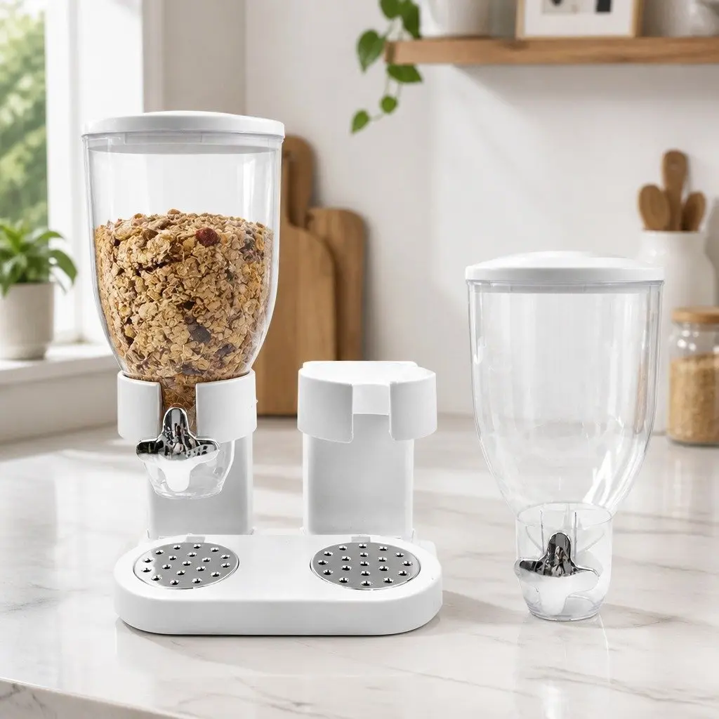 Double Cereal Dispenser Dry Food Storage Portion Control Twist Knob White