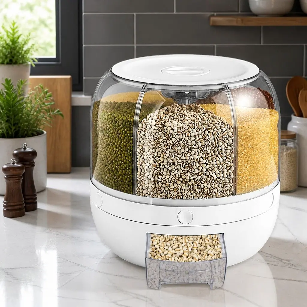 Cereal Dispenser 10kg Rice Storage Container Rotating Dry Food Organizer