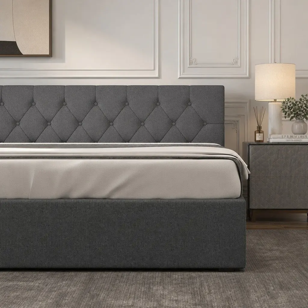 Gas Lift Bed with Tufted Headboard Double Size Storage Platform Modern Bedroom