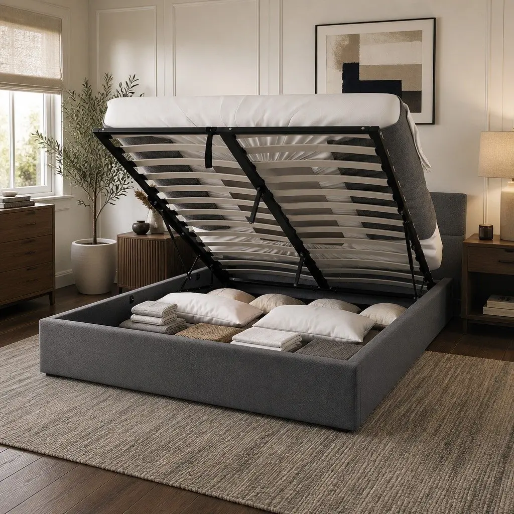 Gas Lift Bed with Tufted Headboard Double Size Storage Platform Modern Bedroom