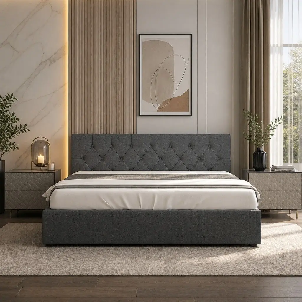 Gas Lift Bed with Tufted Headboard Double Size Storage Platform Modern Bedroom