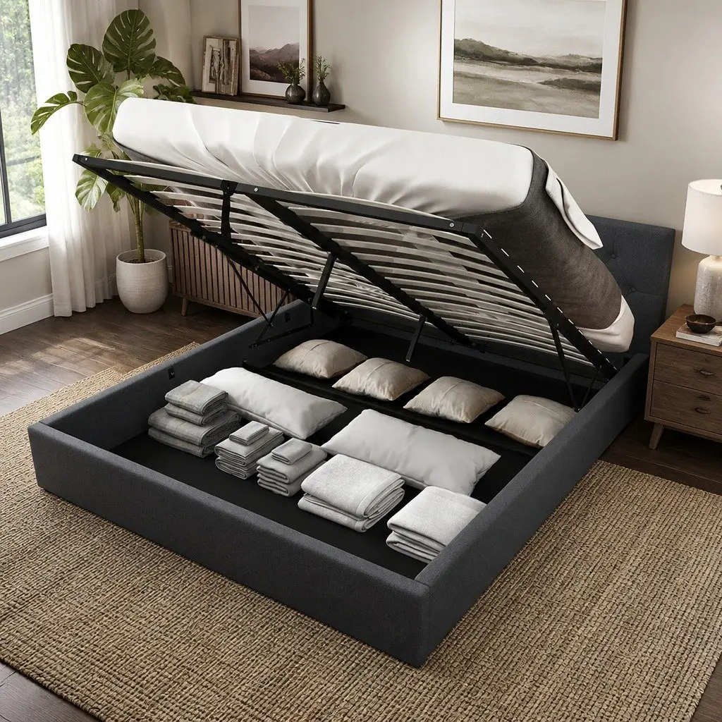 Gas Lift Bed with Tufted Headboard Double Size Storage Platform Modern Bedroom