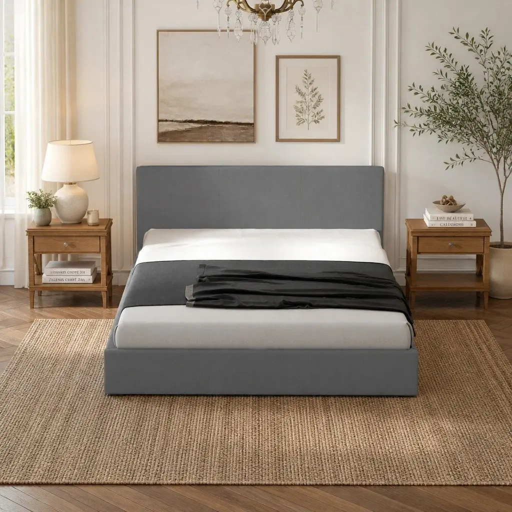 Single Bed Frame with Headboard Modern Platform Upholstered Fabric Bedroom