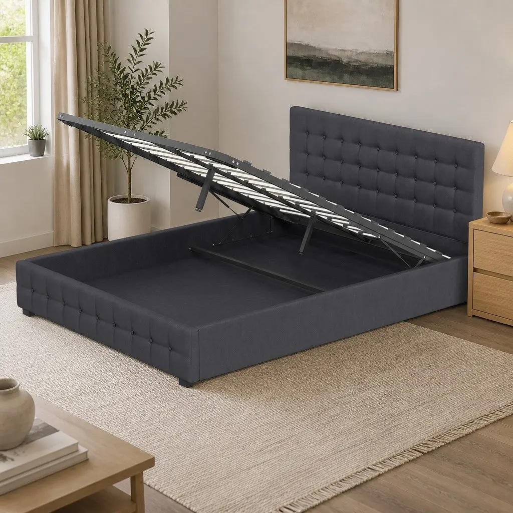Gas Lift Storage Bed King Single Bedroom Dark Grey Linen Upholstered