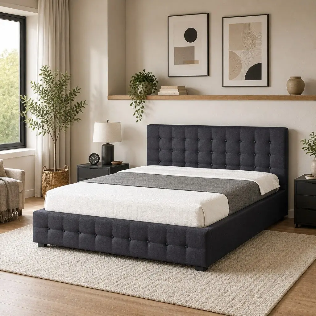 Gas Lift Storage Bed King Single Bedroom Dark Grey Linen Upholstered