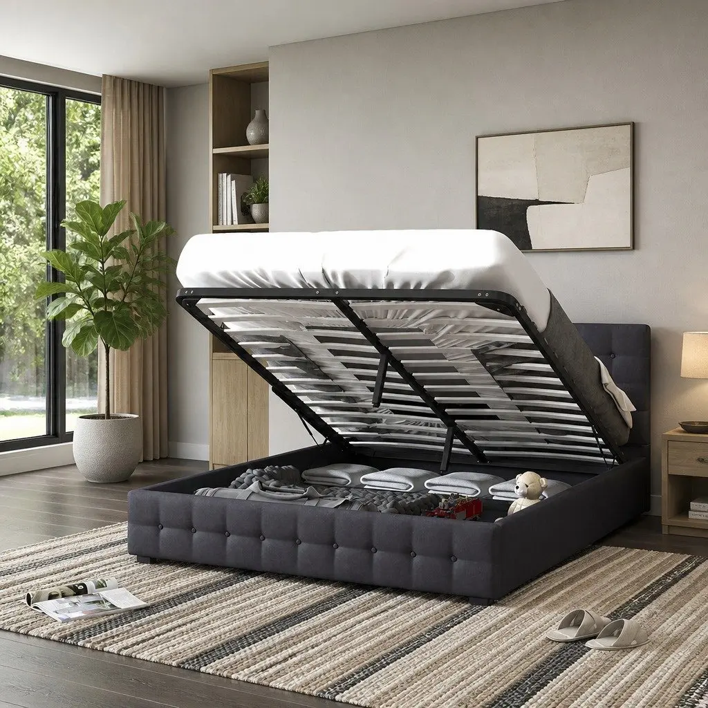 Gas Lift Storage Bed King Single Bedroom Dark Grey Linen Upholstered