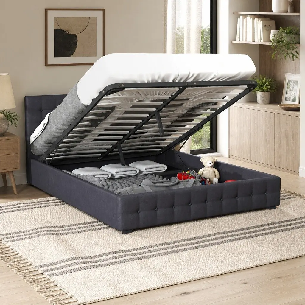 Gas Lift Storage Bed King Single Bedroom Dark Grey Linen Upholstered