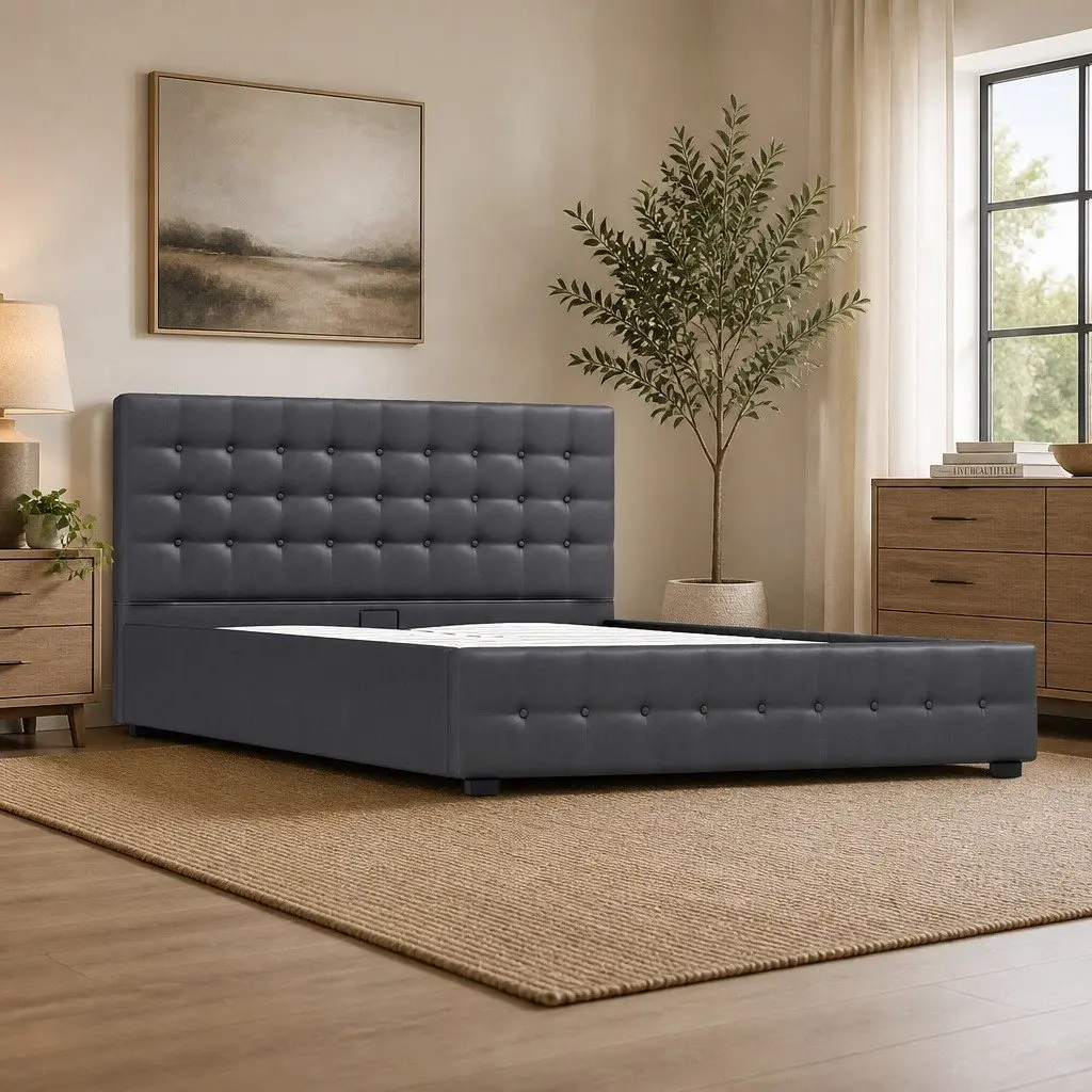 Gas Lift Storage Bed King Single Bedroom Dark Grey Linen Upholstered