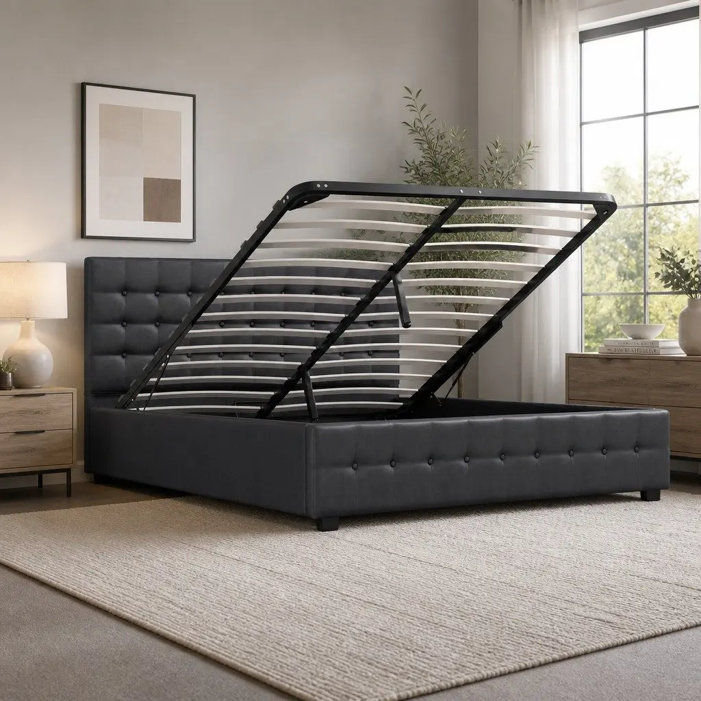Gas Lift Storage Bed King Single Bedroom Dark Grey Linen Upholstered