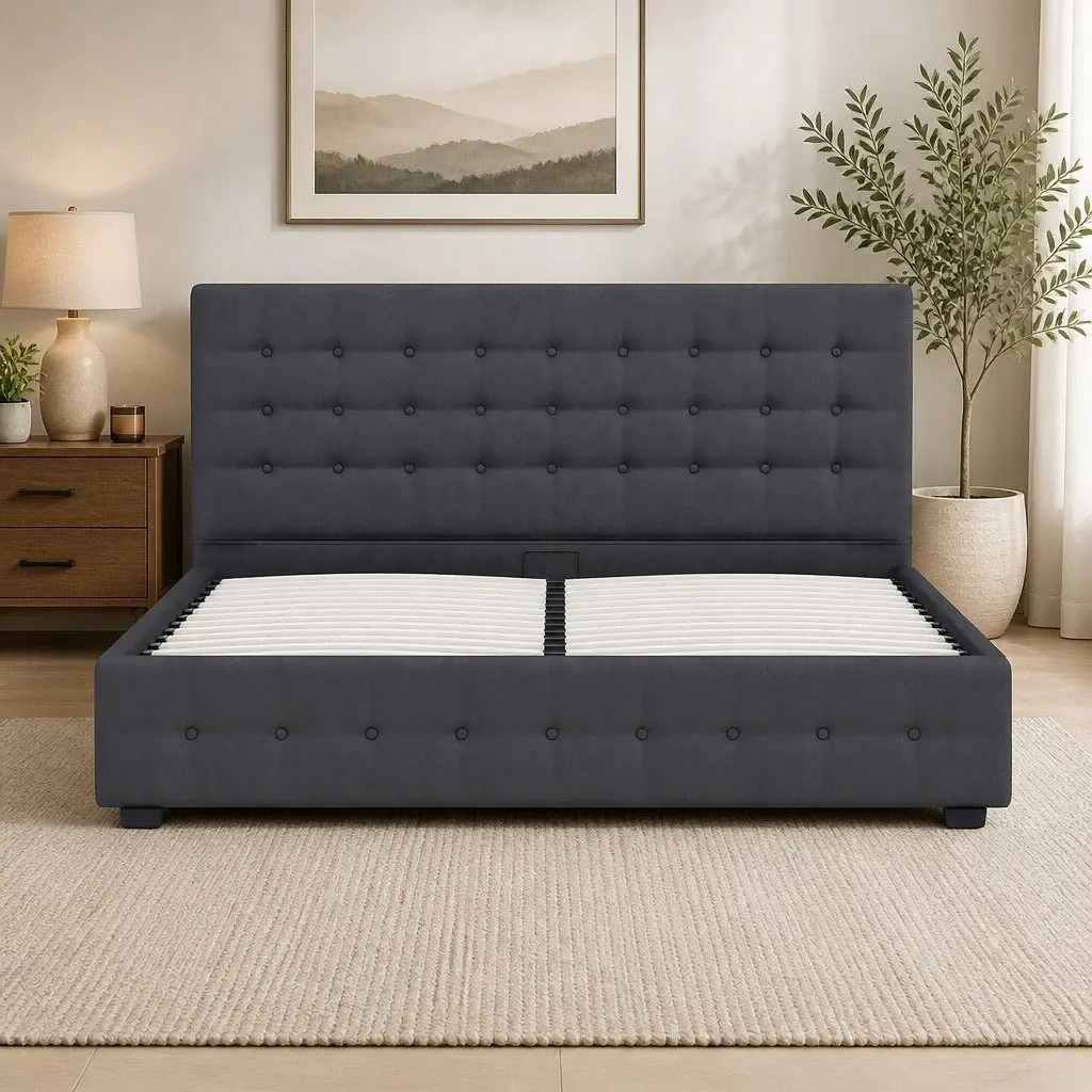 Gas Lift Storage Bed King Single Bedroom Dark Grey Linen Upholstered