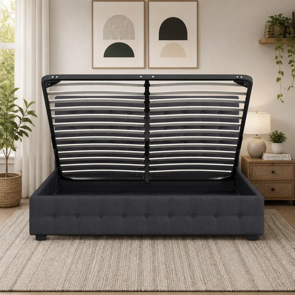 Gas Lift Storage Bed King Single Bedroom Dark Grey Linen Upholstered
