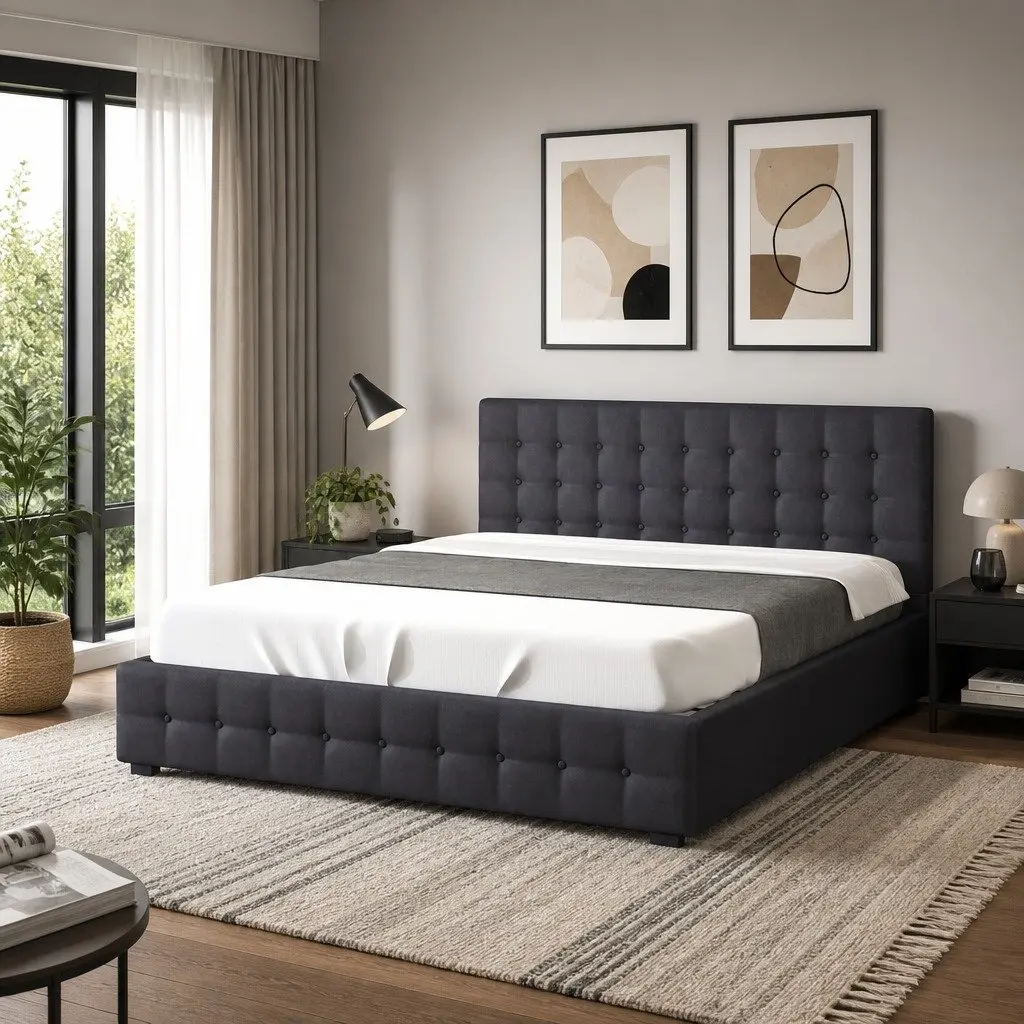 Gas Lift Storage Bed Double Dark Grey Tufted Upholstered Frame with Headboard