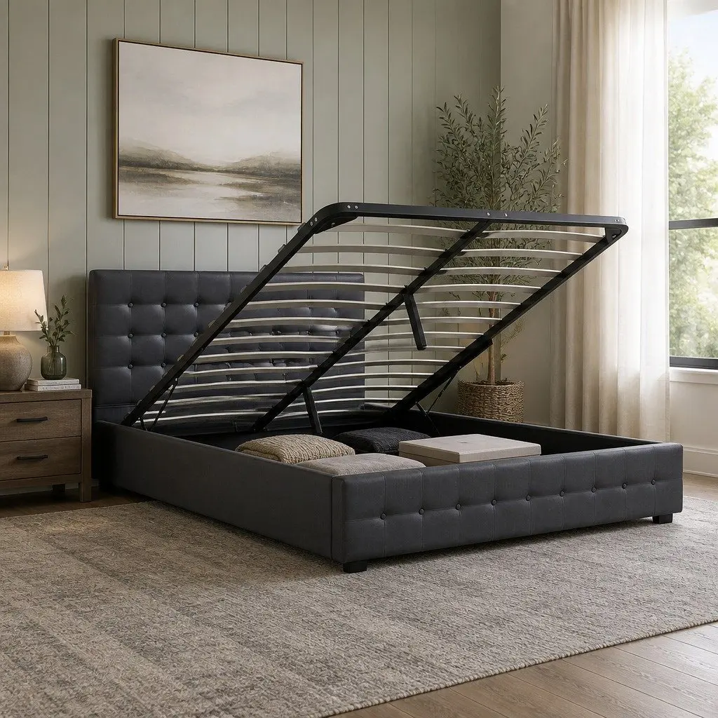 Gas Lift Storage Bed Double Dark Grey Tufted Upholstered Frame with Headboard