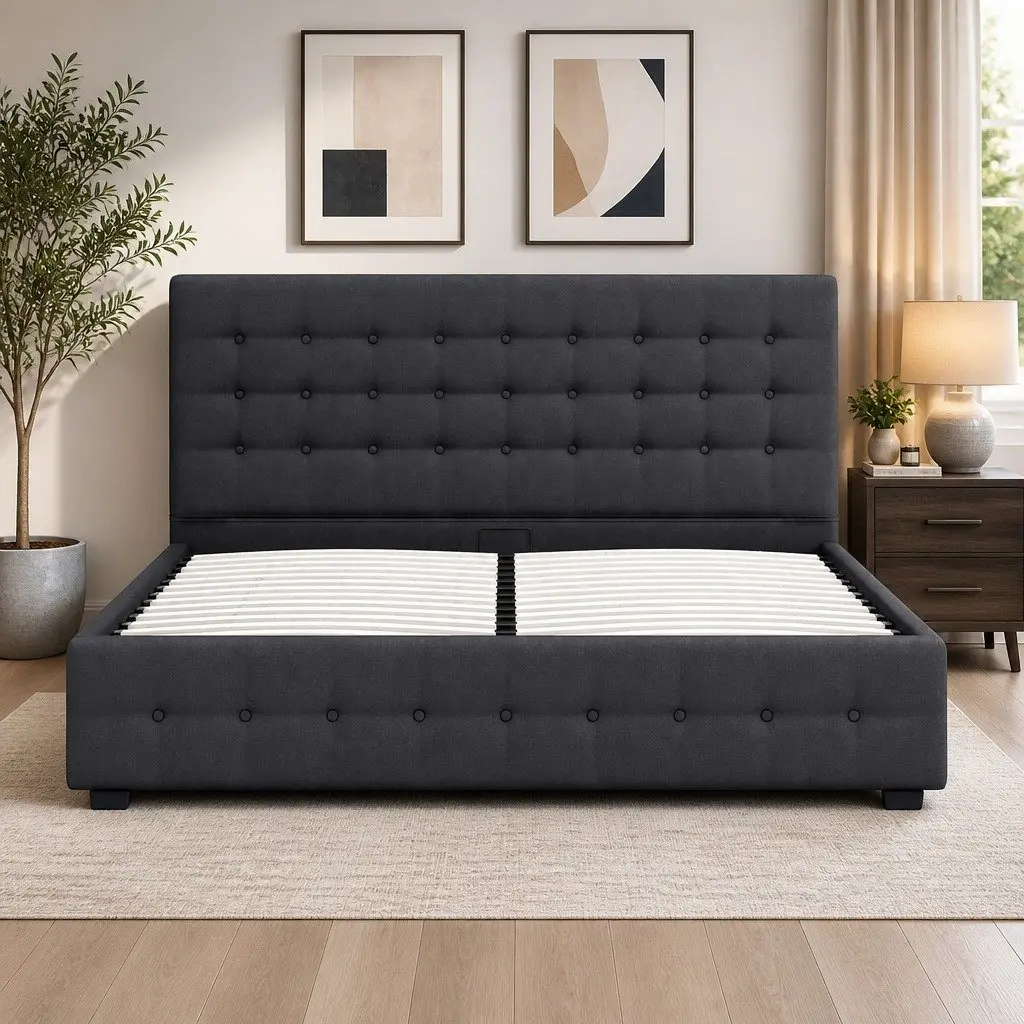 Gas Lift Storage Bed Double Dark Grey Tufted Upholstered Frame with Headboard