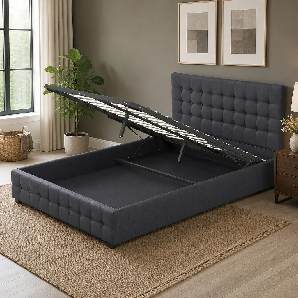 King Gas Lift Bed Frame with Headboard Storage Tufted Linen Upholstery Modern