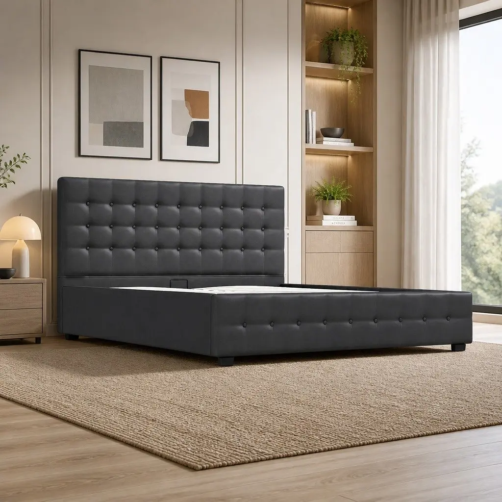 King Gas Lift Bed Frame with Headboard Storage Tufted Linen Upholstery Modern