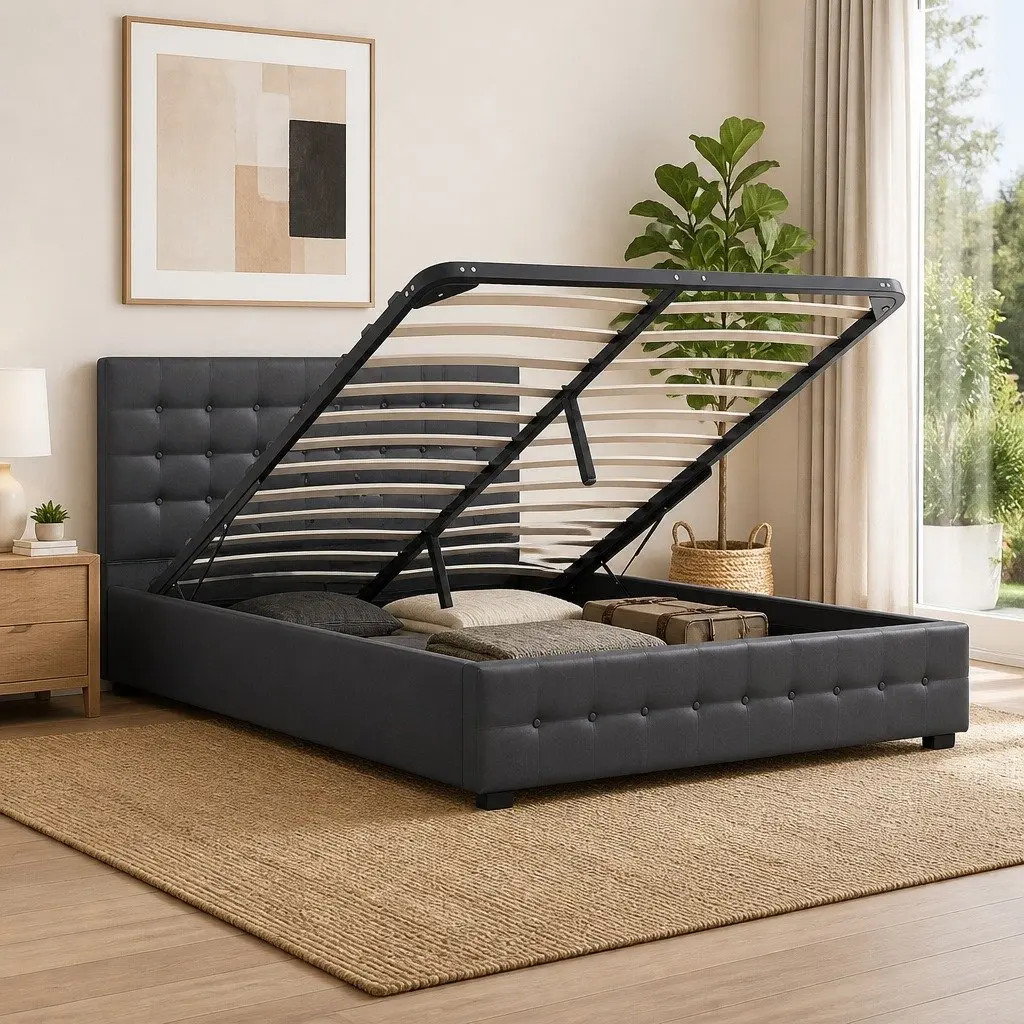 King Gas Lift Bed Frame with Headboard Storage Tufted Linen Upholstery Modern