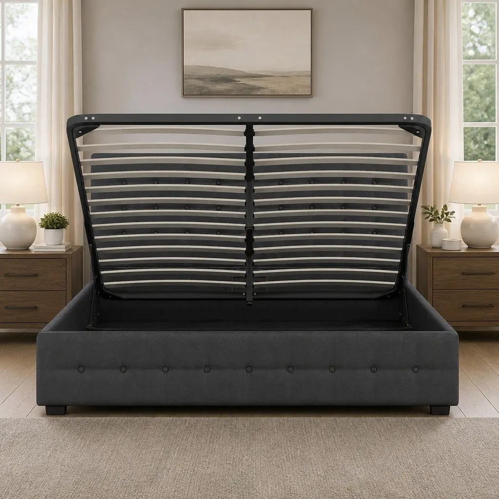 King Gas Lift Bed Frame with Headboard Storage Tufted Linen Upholstery Modern