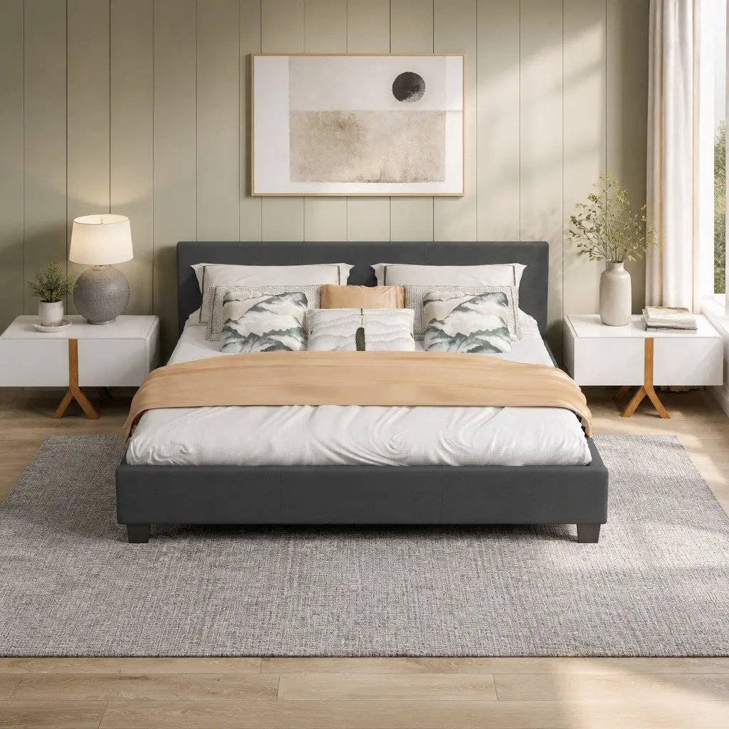 Single Bed Frame with Headboard Modern Platform Design Upholstered Bedroom