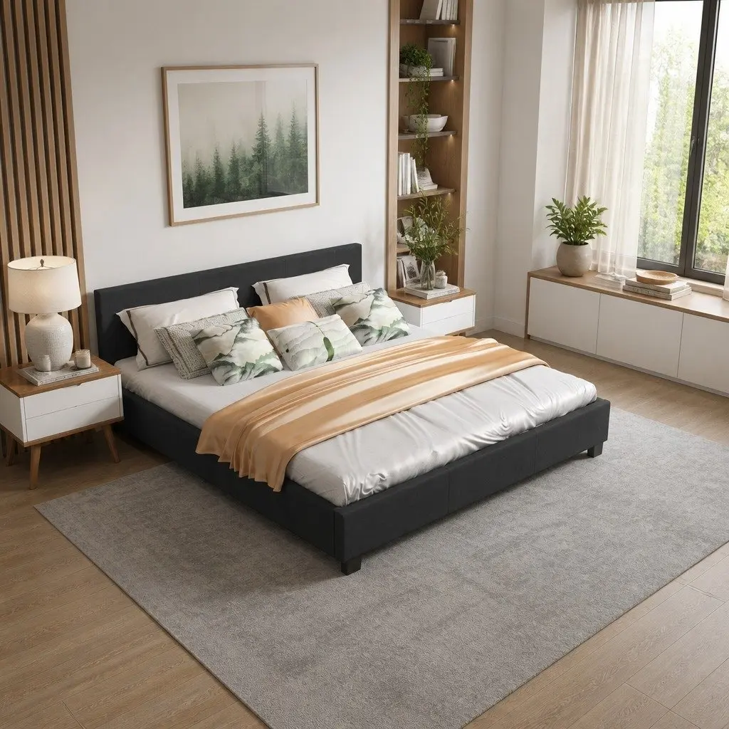 Single Bed Frame with Headboard Modern Platform Design Upholstered Bedroom