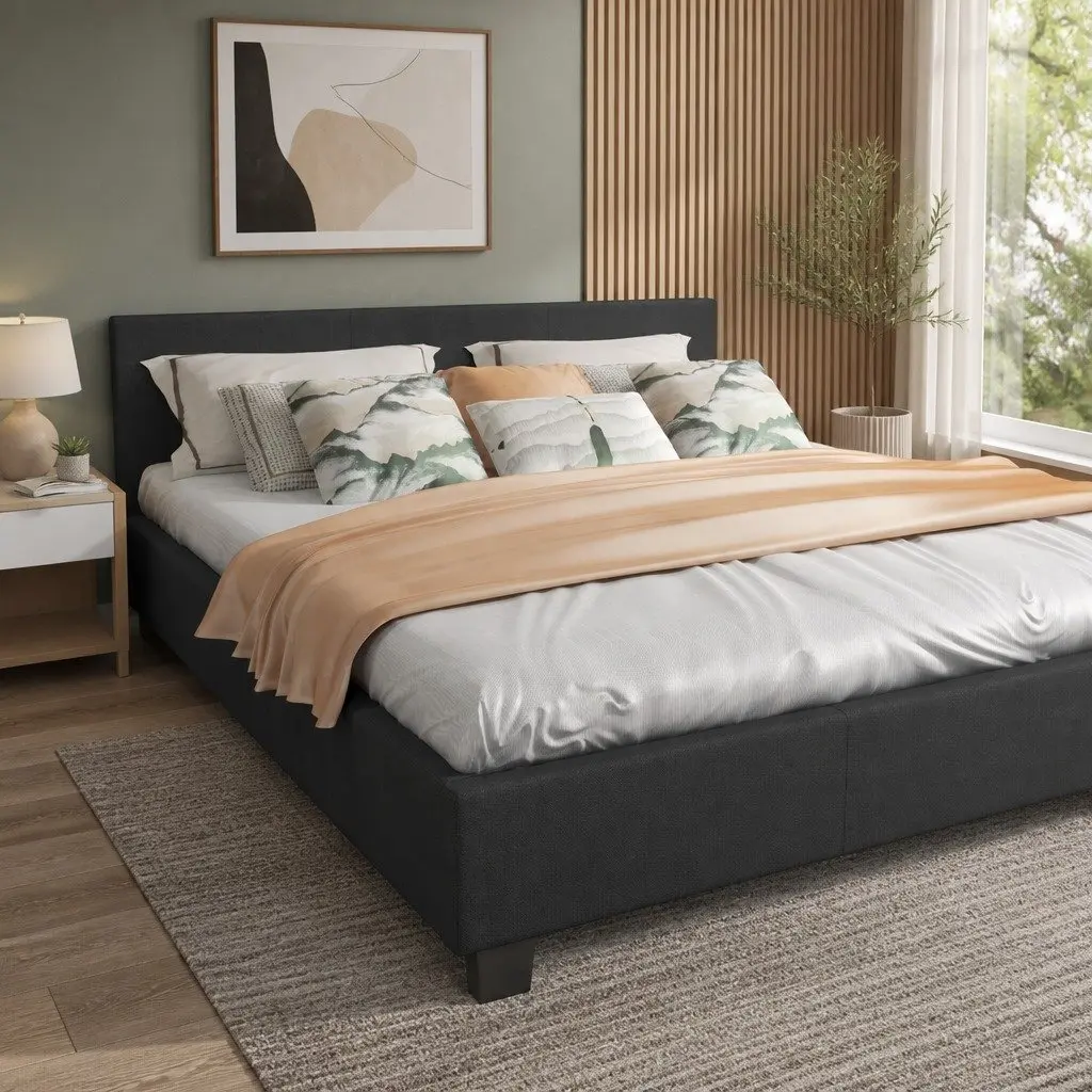 Single Bed Frame with Headboard Modern Platform Design Upholstered Bedroom