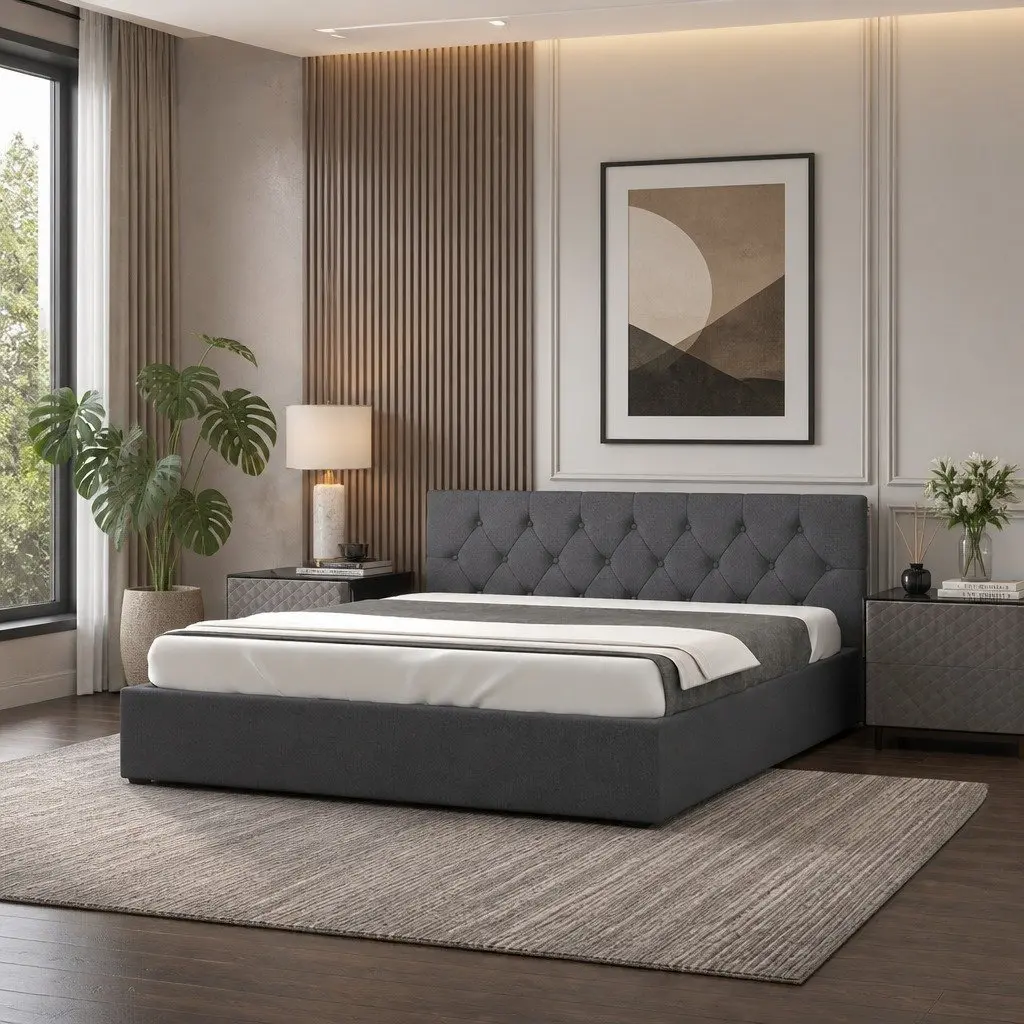 Gas Lift Storage Bed King Single with Tufted Headboard Modern Bedroom Furniture
