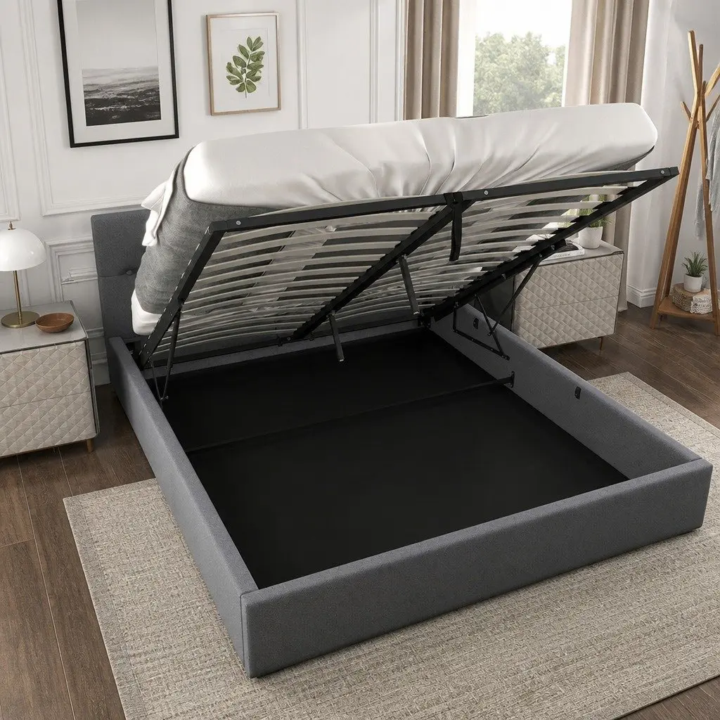 Gas Lift Storage Bed King Single with Tufted Headboard Modern Bedroom Furniture