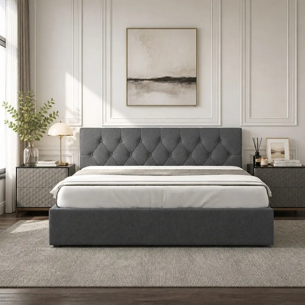 Gas Lift Storage Bed King Single with Tufted Headboard Modern Bedroom Furniture