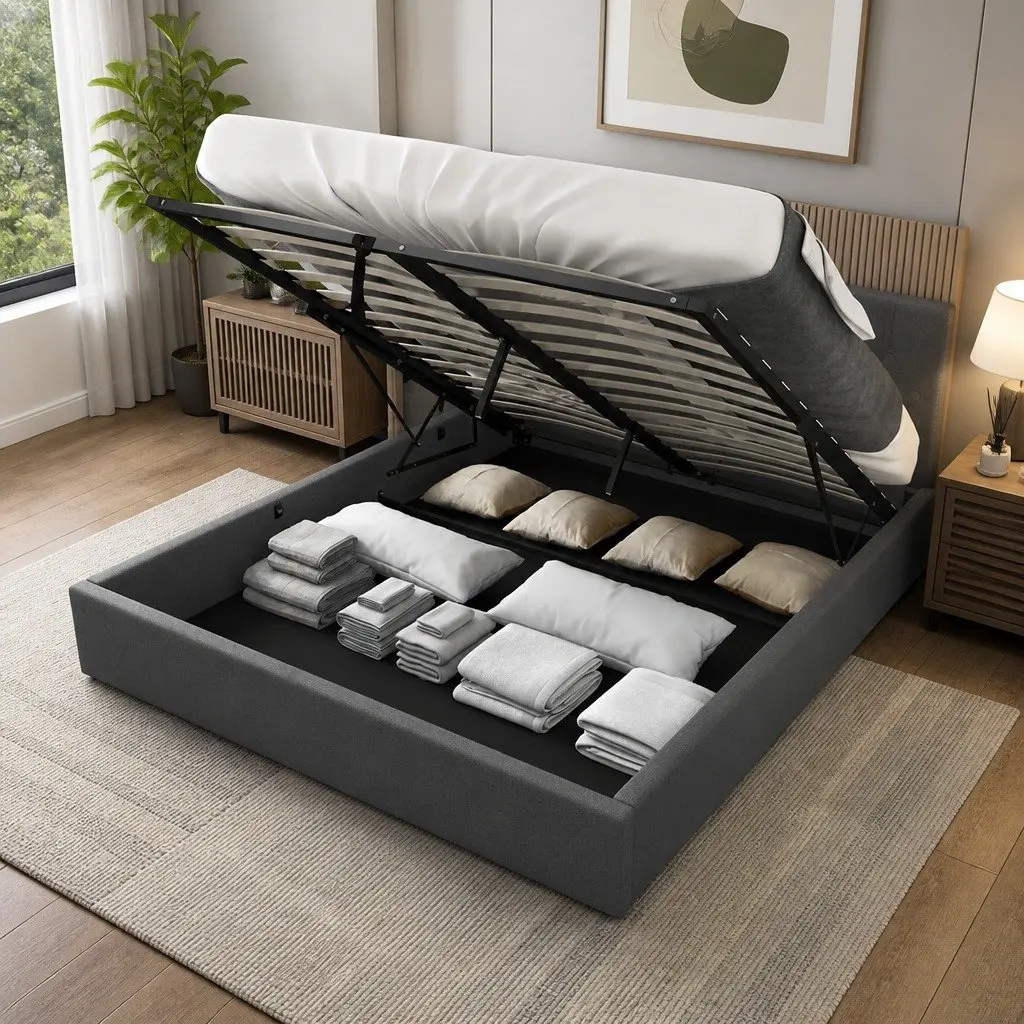 Gas Lift Storage Bed King Single with Tufted Headboard Modern Bedroom Furniture