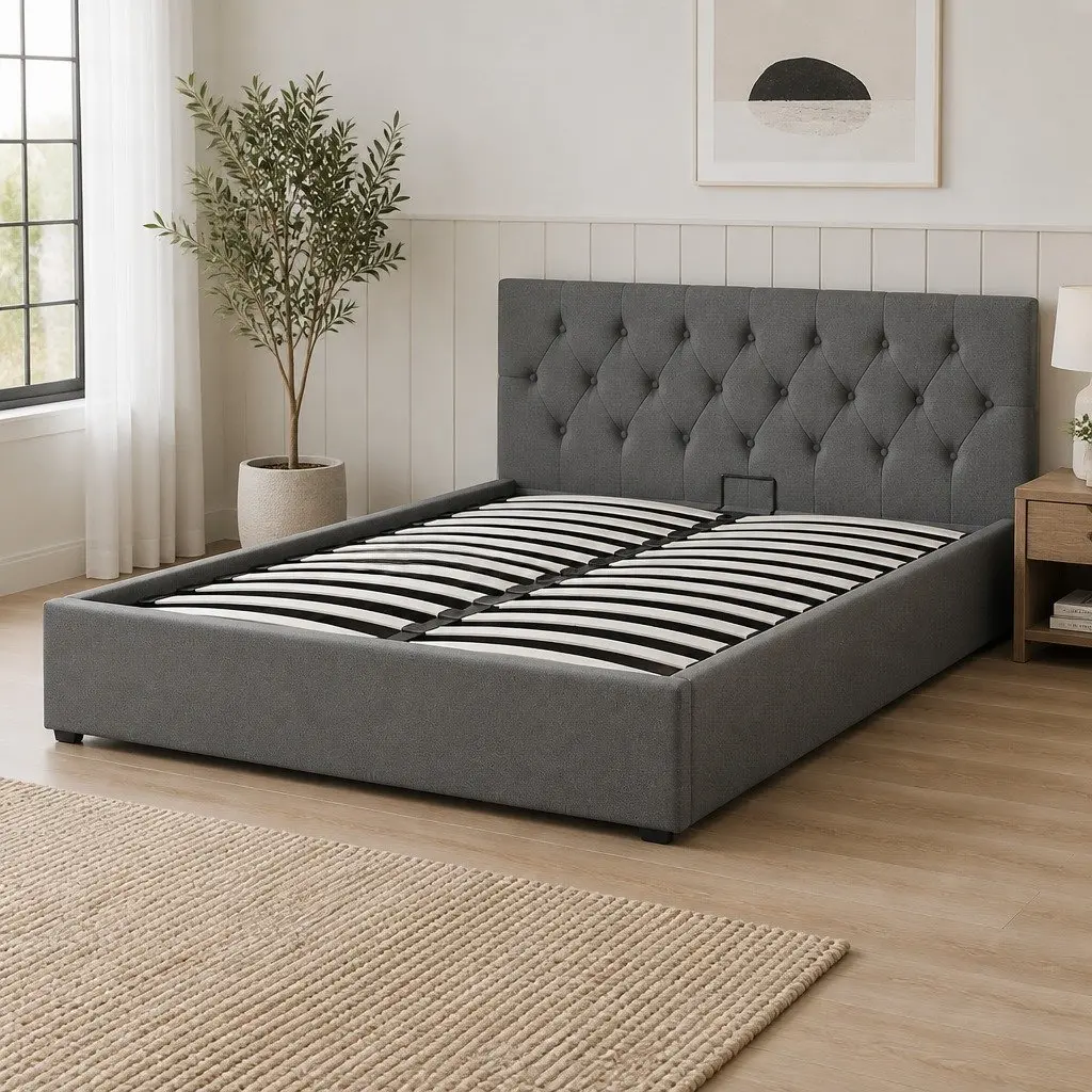 Gas Lift Bed Frame Queen Size for Bedroom with Tufted Headboard and Storage Platform