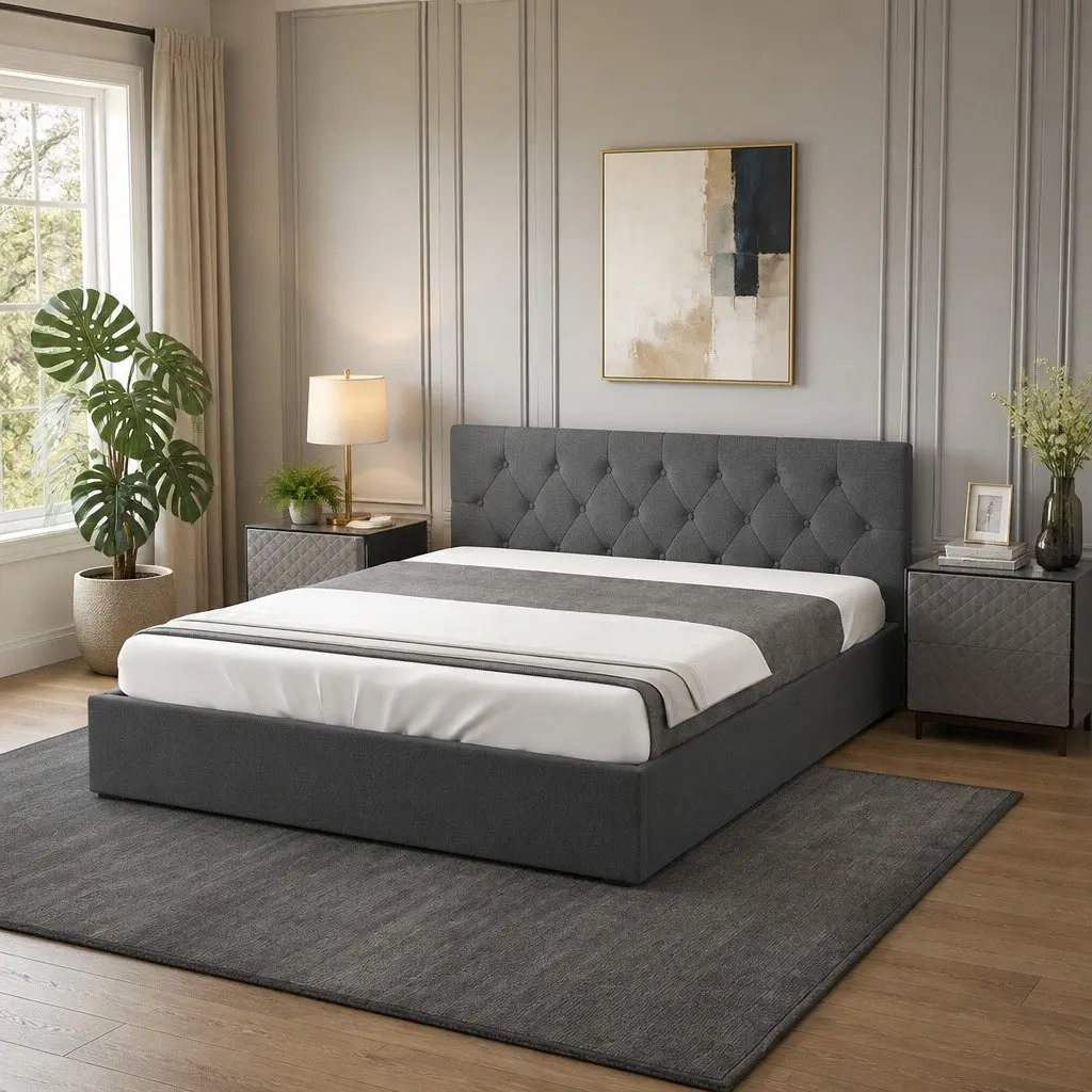 Gas Lift Bed Frame Queen Size for Bedroom with Tufted Headboard and Storage Platform