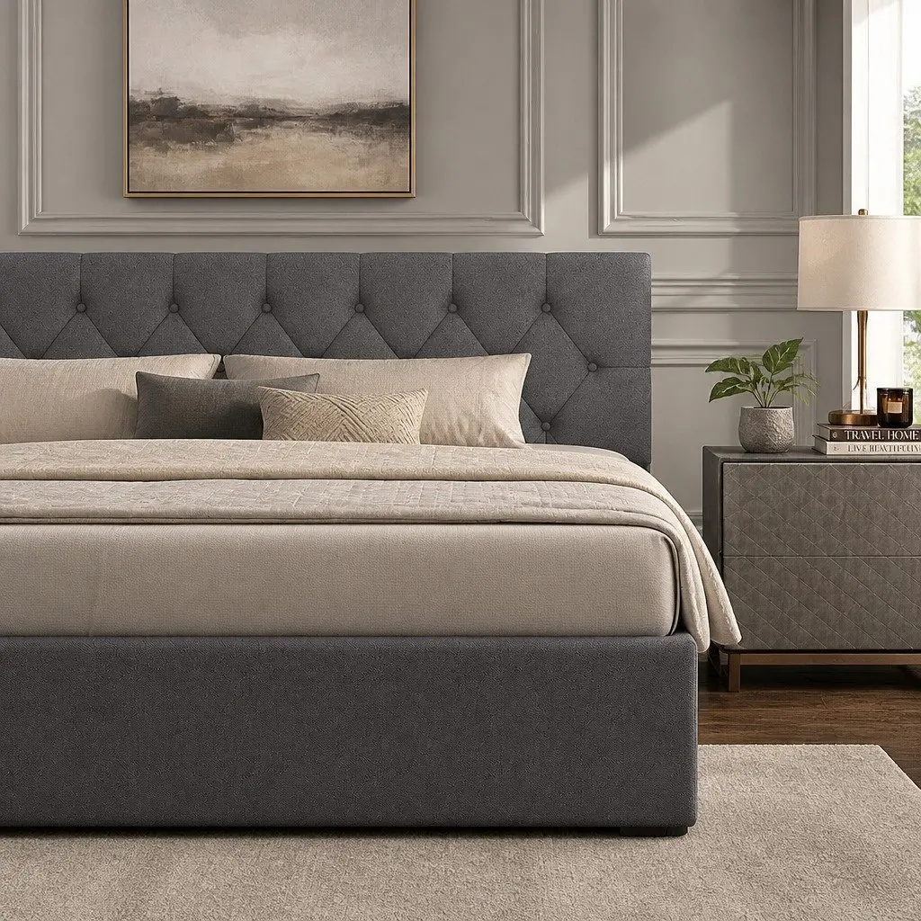 Gas Lift Bed Frame Queen Size for Bedroom with Tufted Headboard and Storage Platform