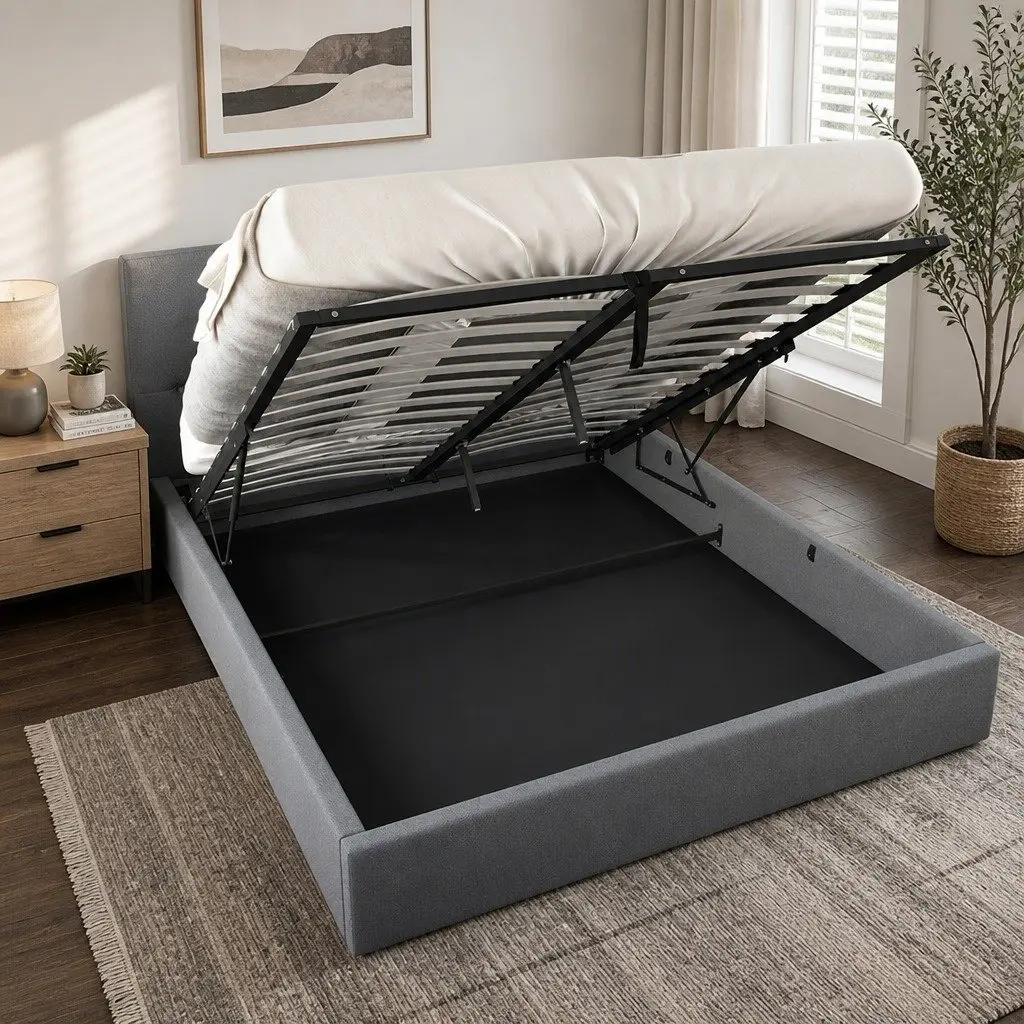 Gas Lift Bed Frame Queen Size for Bedroom with Tufted Headboard and Storage Platform