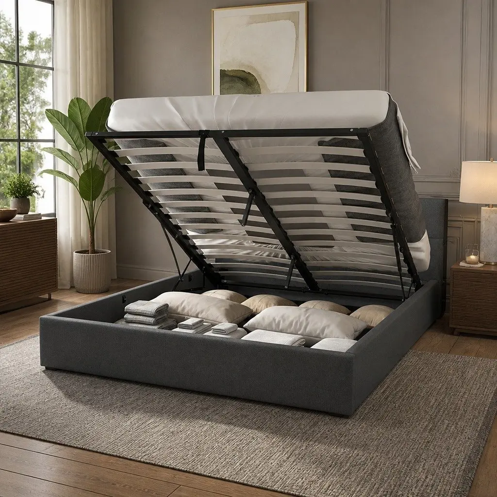Gas Lift Bed Frame Queen Size for Bedroom with Tufted Headboard and Storage Platform