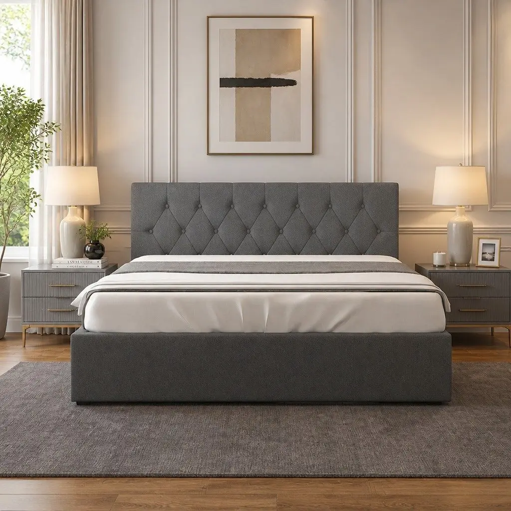 Gas Lift Bed Frame Queen Size for Bedroom with Tufted Headboard and Storage Platform