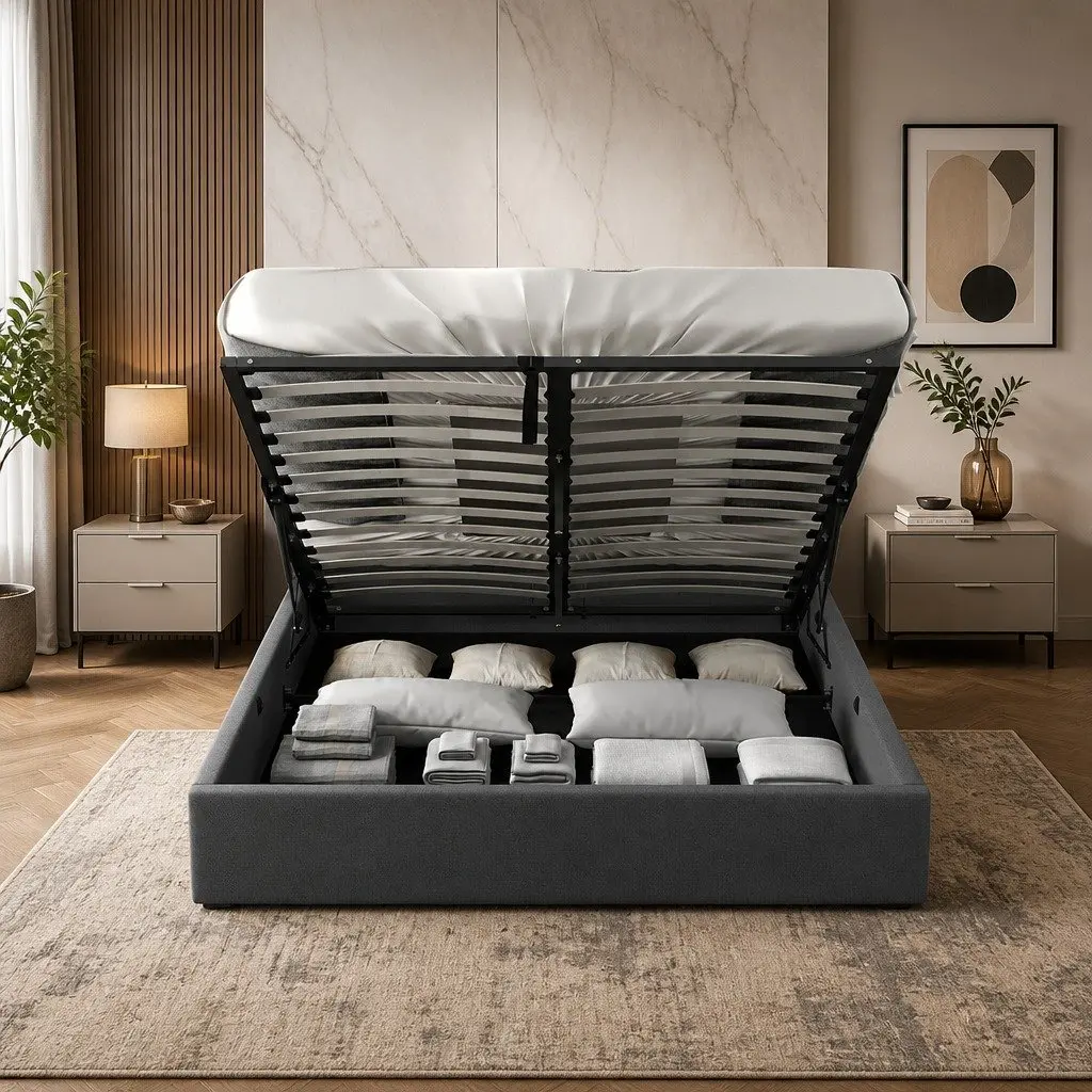 Gas Lift Bed Frame Queen Size for Bedroom with Tufted Headboard and Storage Platform