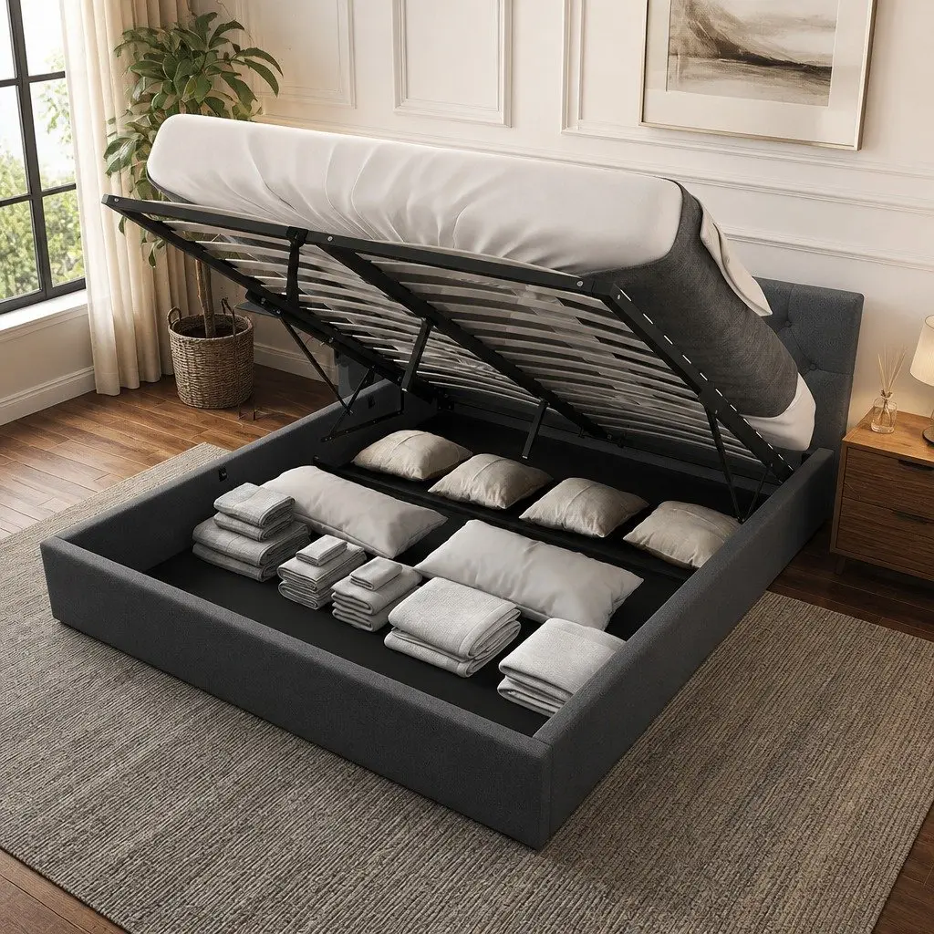 Gas Lift Bed Frame Queen Size for Bedroom with Tufted Headboard and Storage Platform
