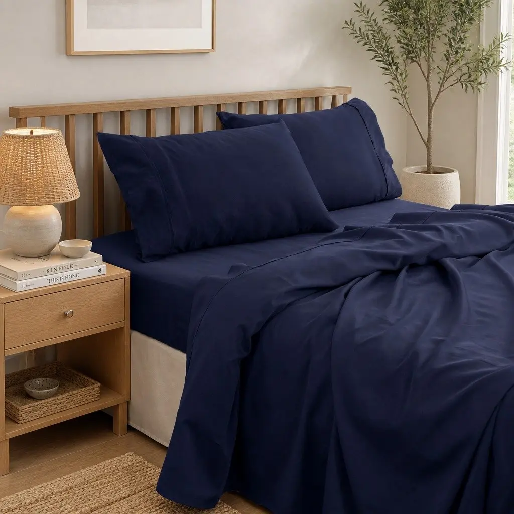 King Bamboo Cotton Sheet Set 1000TC Flat Fitted Pillowcases Royal Blue Bedroom