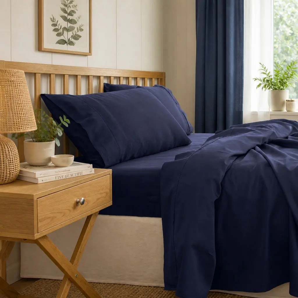 King Bamboo Cotton Sheet Set 1000TC Flat Fitted Pillowcases Royal Blue Bedroom