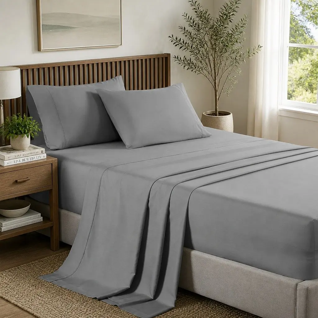 Bamboo Cooling Sheet Set Double 2000TC Bedding Mid Grey Satin Soft Breathable