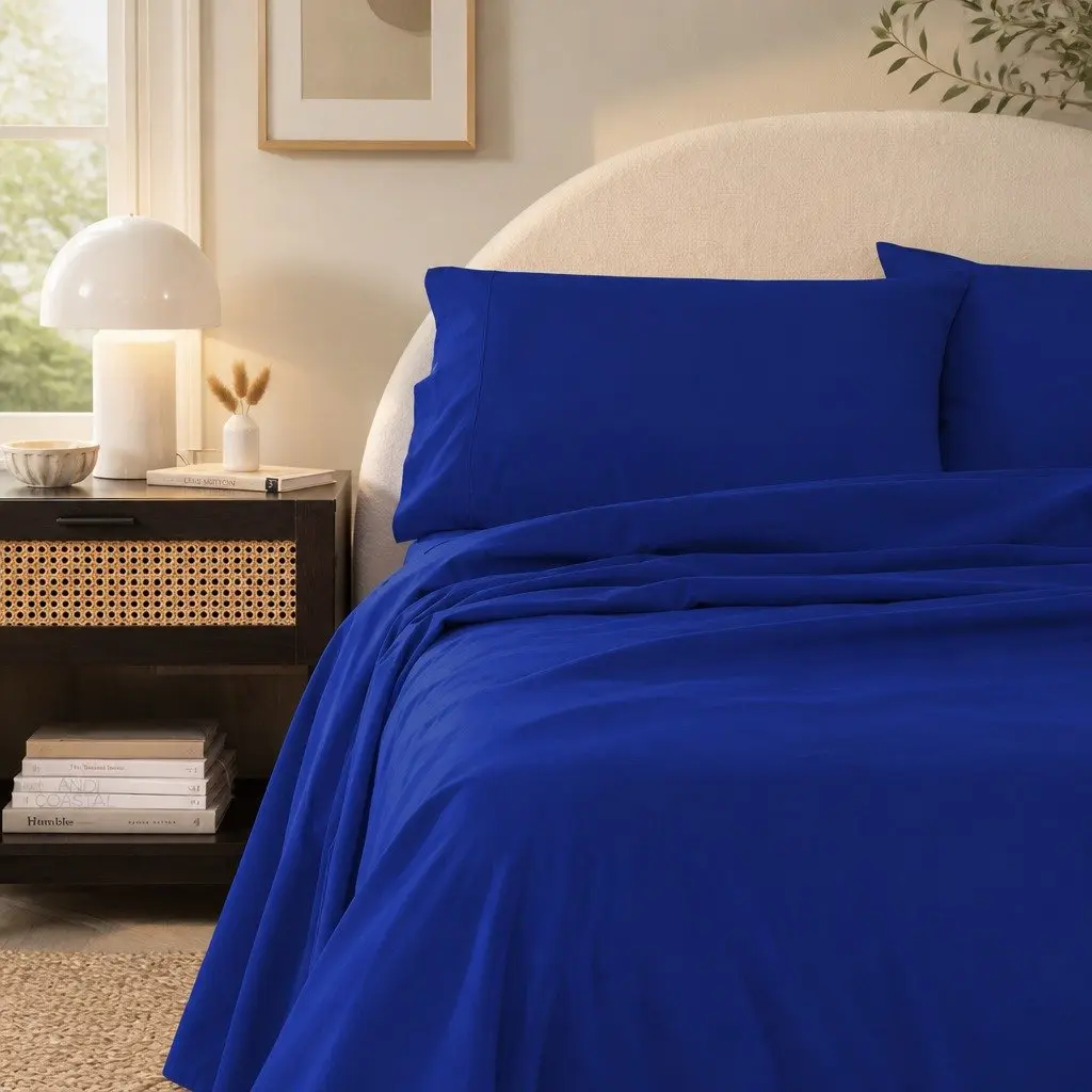 Cotton Sheet Set Single Vintage Washed Bedding Flat Fitted Pillowcase Royal Blue