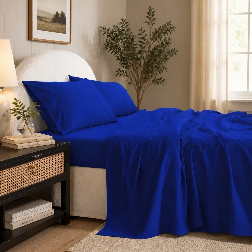 Cotton Sheet Set Single Vintage Washed Bedding Flat Fitted Pillowcase Royal Blue