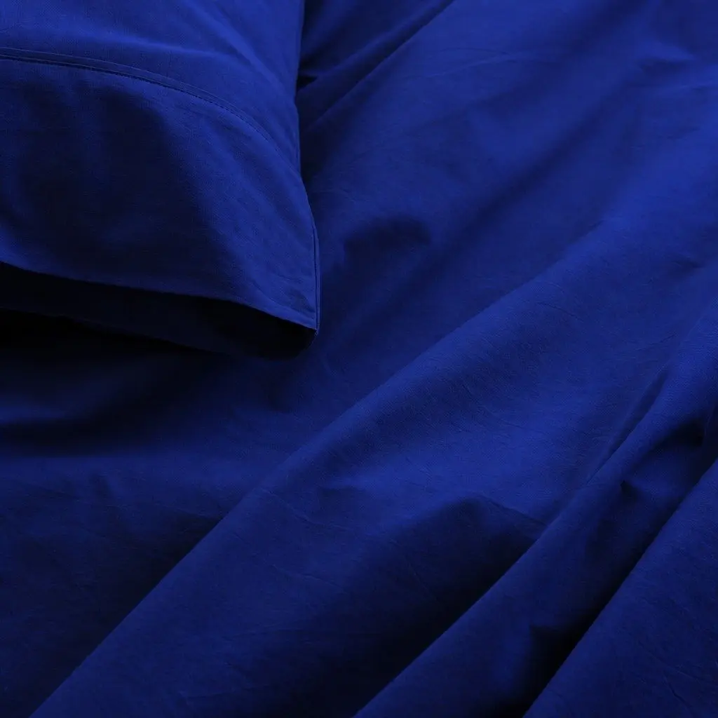 Cotton Sheet Set Single Vintage Washed Bedding Flat Fitted Pillowcase Royal Blue