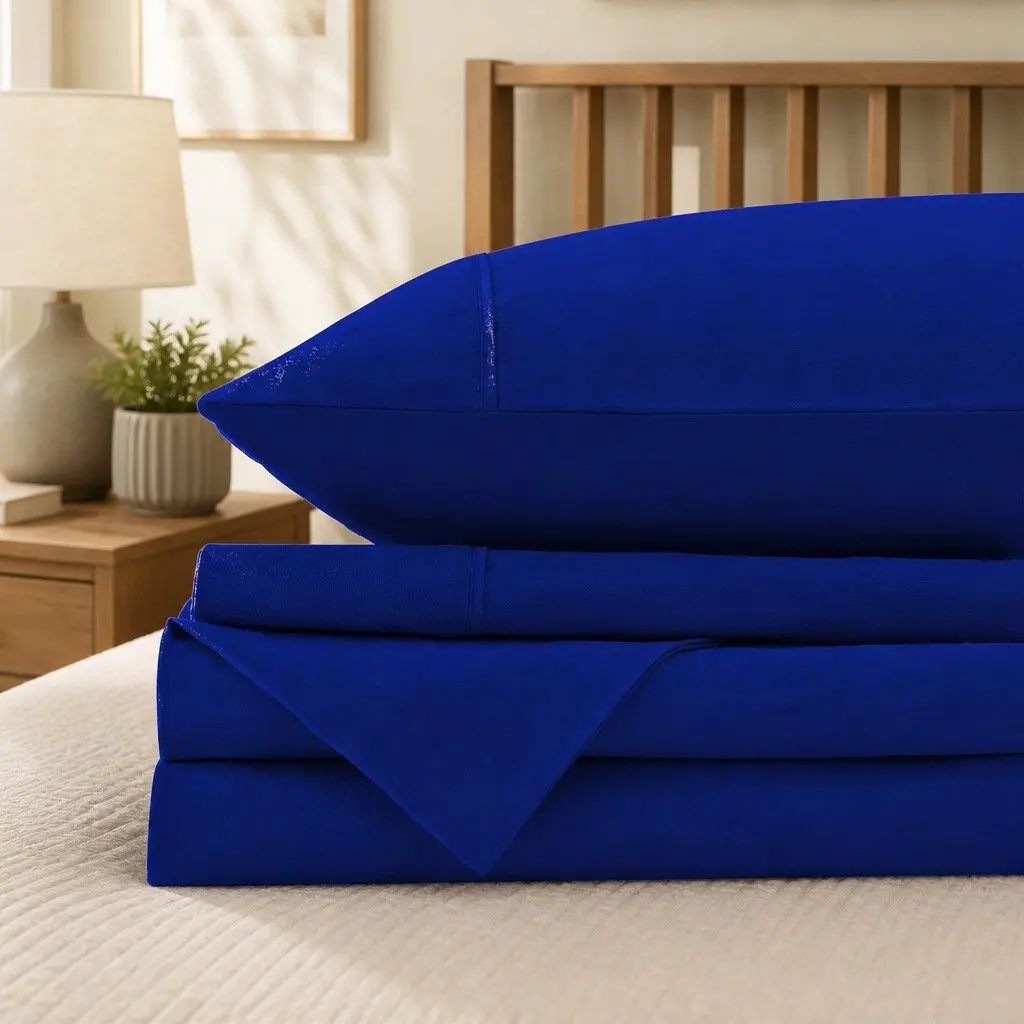 Cotton Sheet Set Single Vintage Washed Bedding Flat Fitted Pillowcase Royal Blue