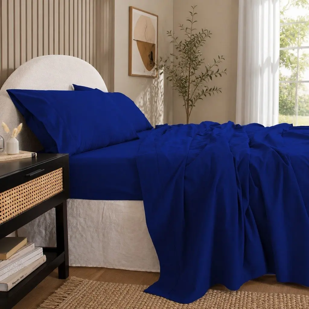 Cotton Sheet Set Double Bed Vintage Washed Soft Percale Bedding Royal Blue