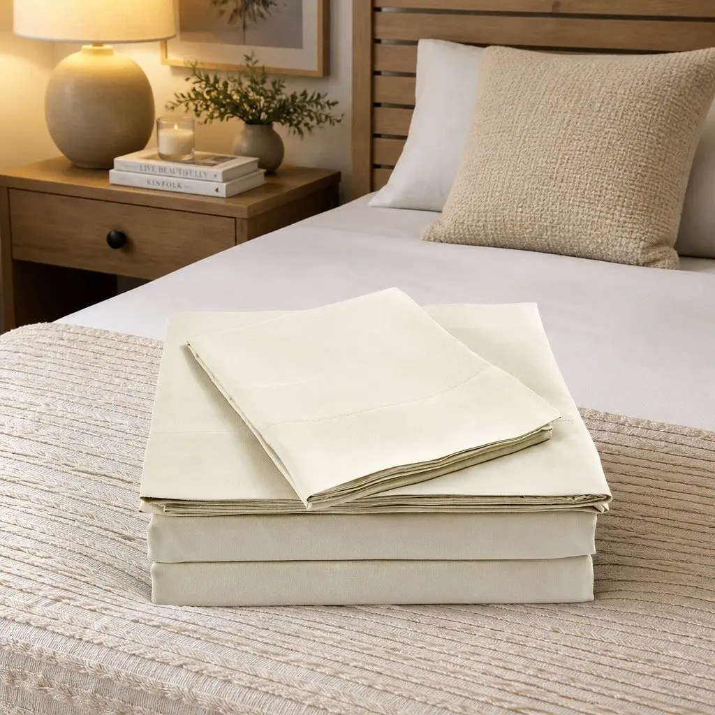 Bamboo Blend Sheet Set Double Bed 1000TC Fitted Flat Pillowcases Dark Ivory