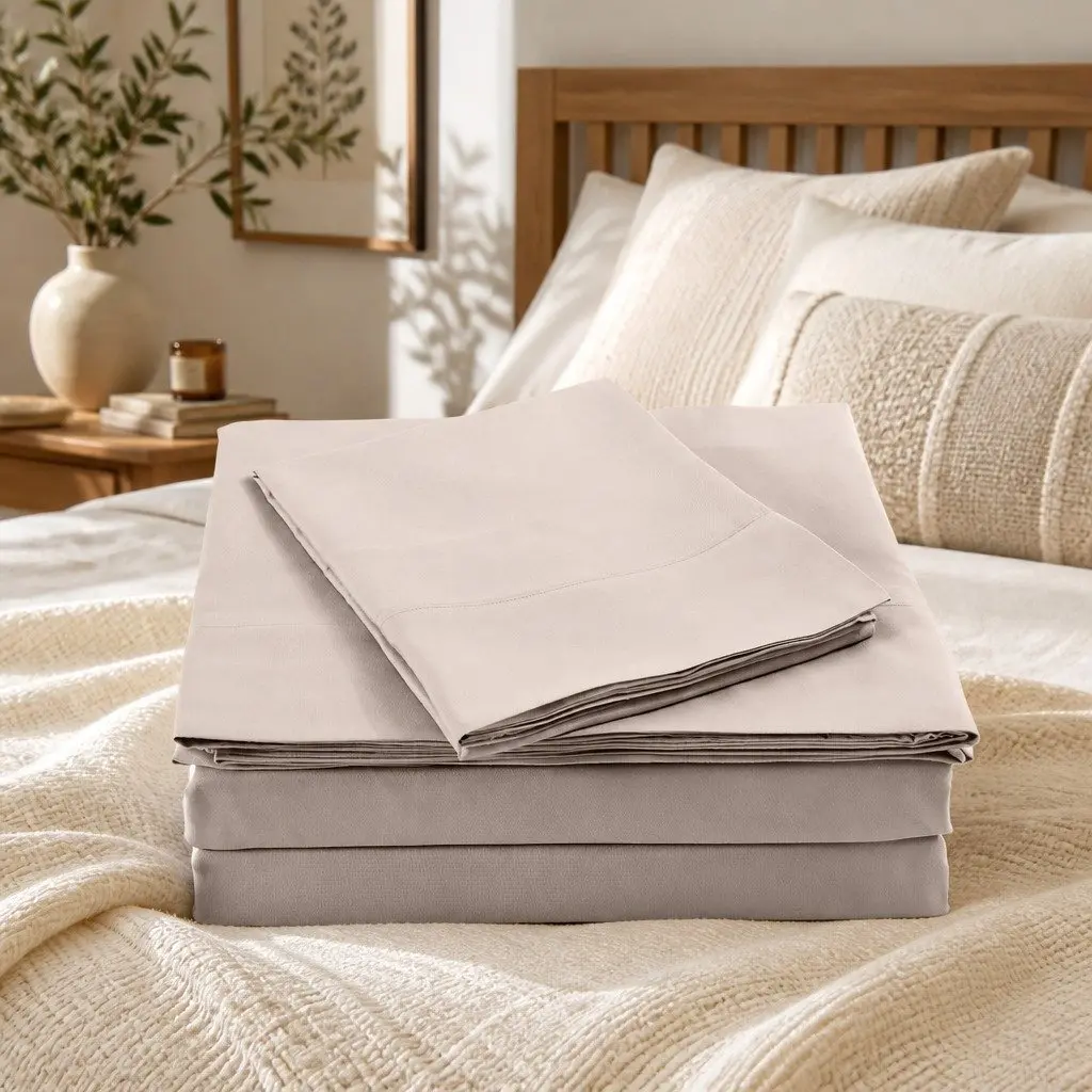 Bamboo Blend Sheet Set Double Bed Flat Fitted Pillowcases Warm Grey 1000TC