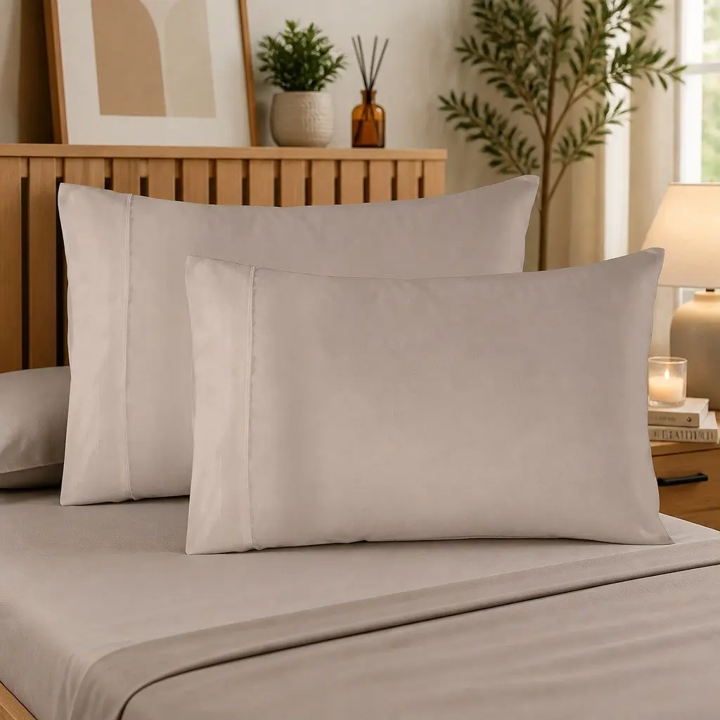 Bamboo Blend Sheet Set Double Bed Flat Fitted Pillowcases Warm Grey 1000TC