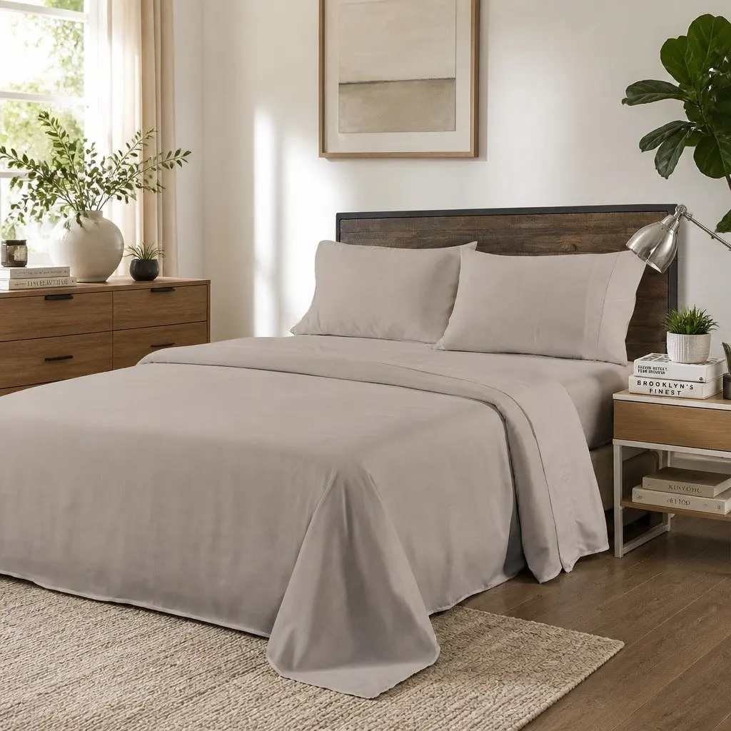 Bamboo Blend Sheet Set Double Bed Flat Fitted Pillowcases Warm Grey 1000TC